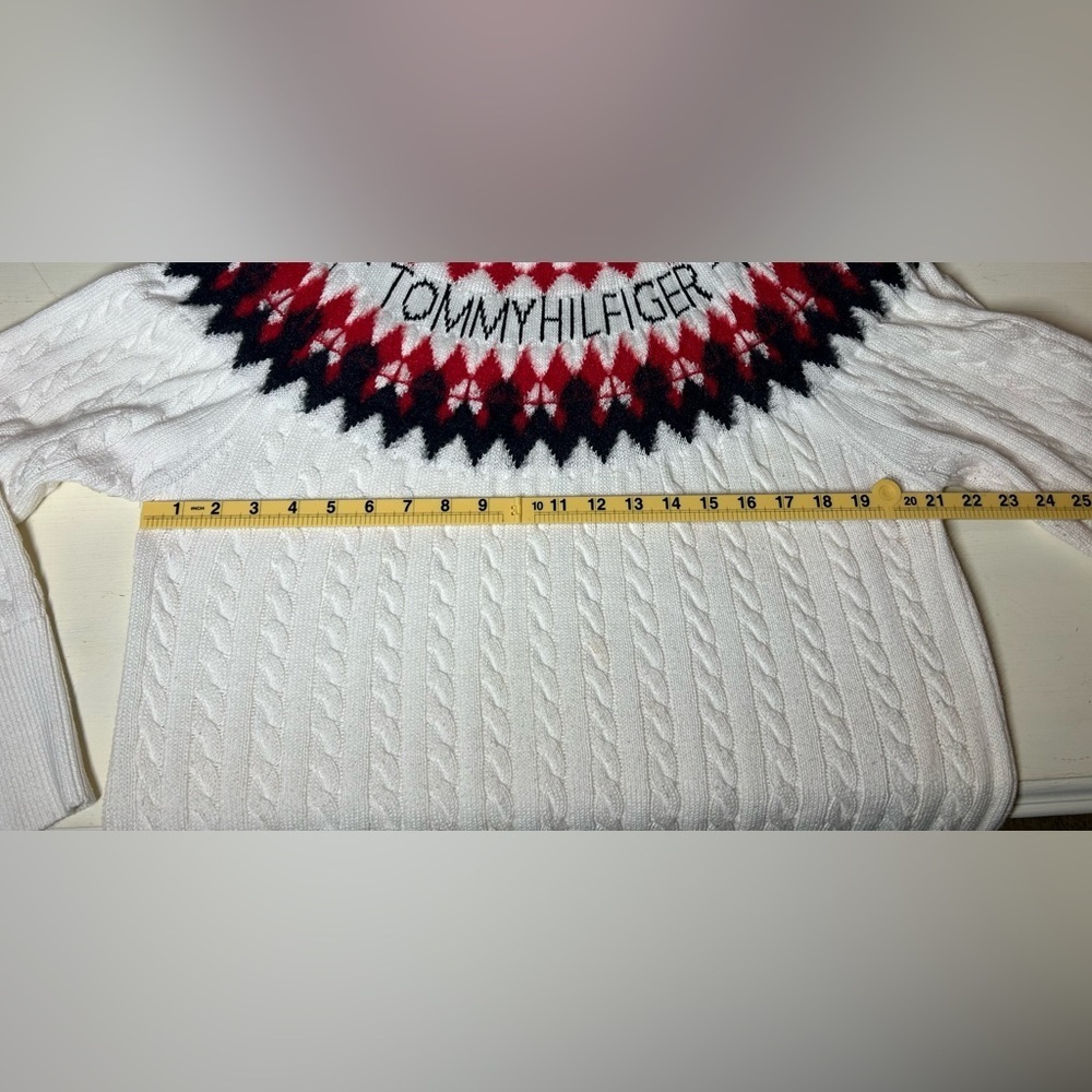 Womens Tommy Hilfiger Fair Isle Cable Knit Ski Sweater White Red Logo Size Large - Picture 11 of 12